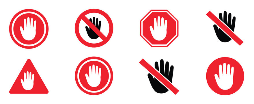 Red forbidden signs, featuring do not touch labels, no entry hands, and prohibition symbols as vector stickers.