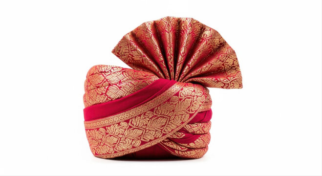 Elegant Sikh turban in rich red and gold fabric, isolated on white background, showcasing intricate patterns and traditional design