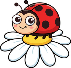 Obraz premium A charming cartoon illustration of a red ladybug with black spots perched on a white daisy flower. The ladybug has big, expressive eyes and a smile, with its antennae visible.