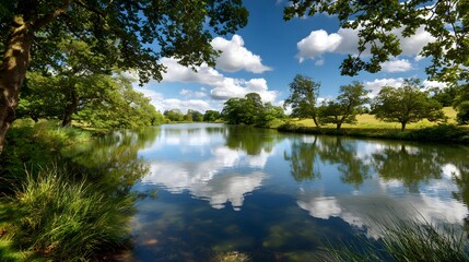 Obraz premium Serene Lake Reflection Under a Blue Sky with Fluffy Clouds.