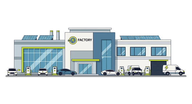 Modern electric vehicle factory with solar panels and charging stations outside.
