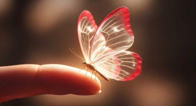 National Aplastic Anemia & MDS Awareness Week: Translucent Glass Butterfly with Red Gradient Wings on Fingertip, Symbol of Fragile Healing and Hope, Hyper-Realistic 8K
