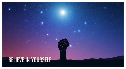 Naklejka premium A motivational image of a raised fist under a starry night sky with a bright moon