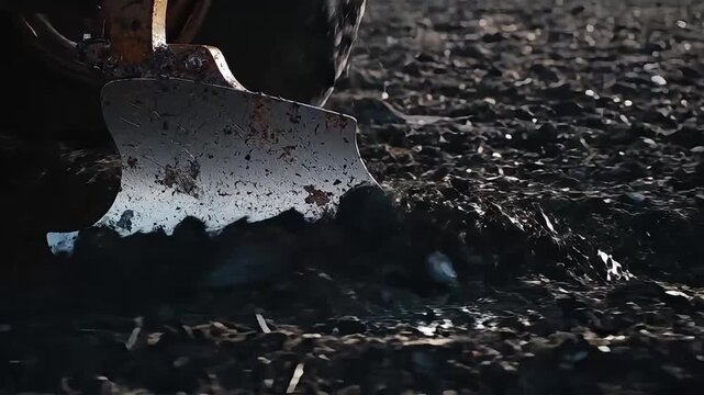 The heavy-duty steel plow blade of a large farming tractor works diligently, digging deep into the rich, dark, fertile soil during cultivation season on a gloomy afternoon.