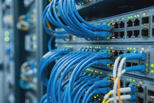 Macro close up of blue ethernet network cables plugged into server switch with LED lights 