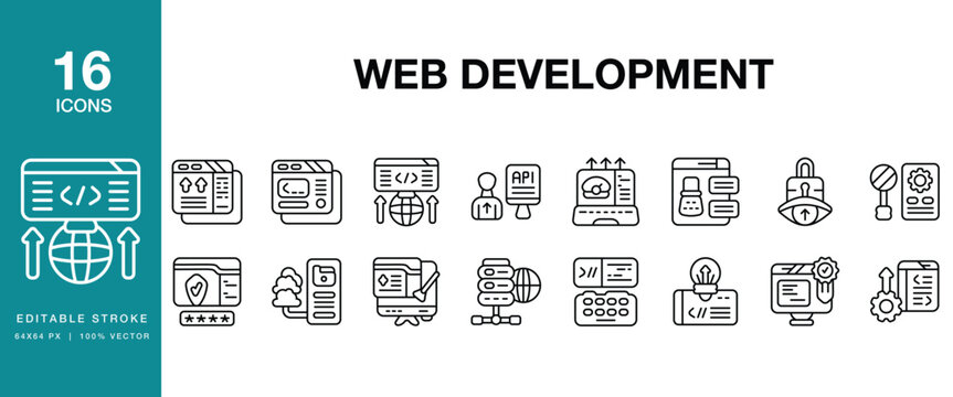 Web Development icon set. Includes web, development, coding, programming, developer and More. Editable Stroke Icon Collection.