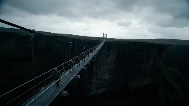 A squad of heavily armed military soldiers cautiously crosses a long, dramatic suspension bridge stretching over a massive, dark abyss under a cold, overcast sky.