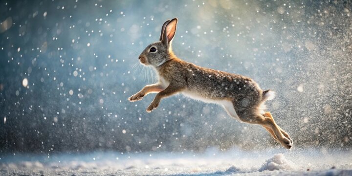 A graceful leap of a wild hare across a snowy landscape, a moment of winter wilderness captured in stunning detail.