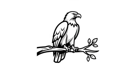 Obraz premium Eagle Perched on Branch with Leaves Isolated on White Background