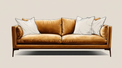 Fototapeta premium Elegant Leather Sofa with Cushions on Neutral Background