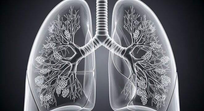 Human respiratory organs display internal bronchial tree structure with alveolar sacs in translucent rendering
