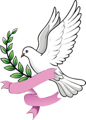 Fototapeta premium A white dove carrying an olive branch and a pink ribbon with