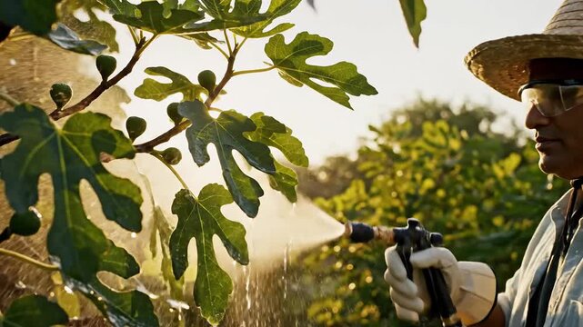 Farmer spraying pesticide on fig tree leaves with sunlight filtering through branches