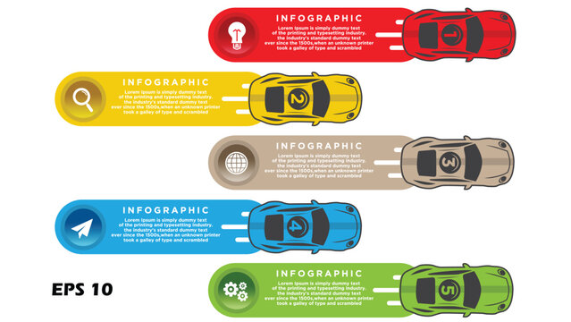 5-Step Racing Car Business Infographic. Vector Presentation Slide Featuring Speeding Sports Cars with Numbered Liveries, Colorful Horizontal Banners, and Strategy Icons
