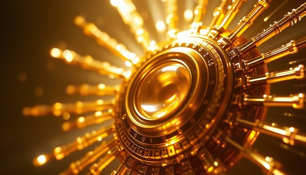 Macro view of golden mechanical sun radiating bright light beams