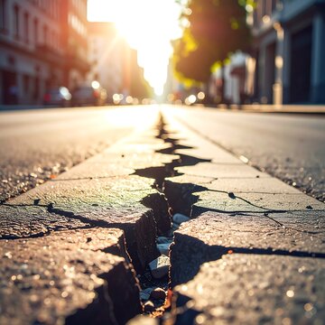 Close up of cracked asphalt road with buildings and sunlight