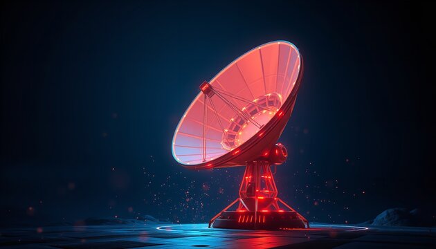 Large satellite dish transmitting data with intense red illumination