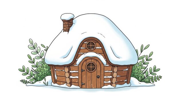 Cozy wooden hobbit house in snowy winter forest with green plants illustration