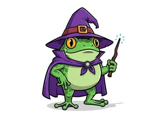 Cute green cartoon frog wizard casting magic spell with wand Halloween fantasy