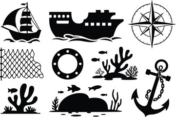 Nautical marine icon set, ship anchor compass coral fish net ocean elements, black silhouette maritime vector illustration collection © MdShafe