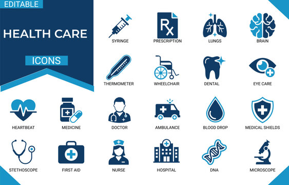 Healthcare solid icon set featuring medical, hospital, doctor, medicine, health, clinic, and emergency. Professional editable soild vector icons collection set for care