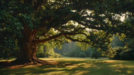 Naklejka premium Majestic Ancient Oak Tree Bathed in Golden Sunlight in a Serene Meadow.