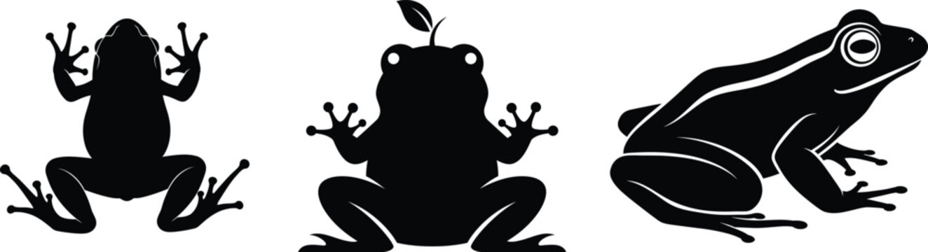 Three black silhouette frog illustrations in different poses