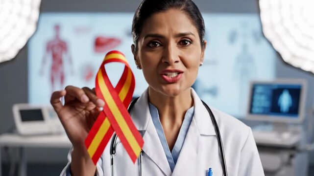 Female doctor holds red and yellow ribbon, symbol of awareness and support in medical setting