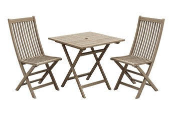 Fototapeta premium two sturdy, slatted, weathered wooden folding chairs and matching table symmetrically arranged on a transparent studio background, product display for robust quality