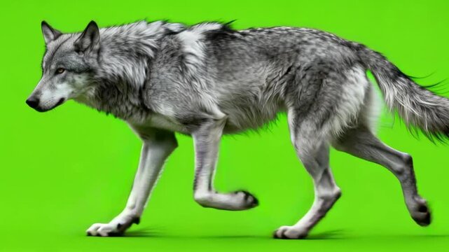 Gray wolf walking profile view on green screen. 4K Video
