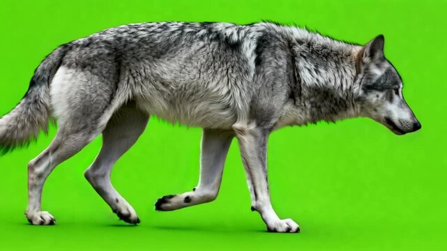 Grey wolf walking on green screen. 4K Video