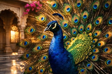 Fototapeta premium Majestic peacock fanning feathers in an ornate Indian palace courtyard