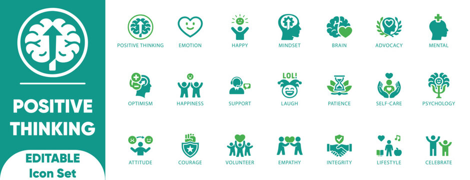 Positive Thinking editable solid Icon Set.brain,empathy,courage,gratitude,integrity,mental,determination,optimism,loved,and vector.