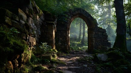 Fototapeta premium Ancient Stone Archway Ruin in Misty Enchanted Forest.