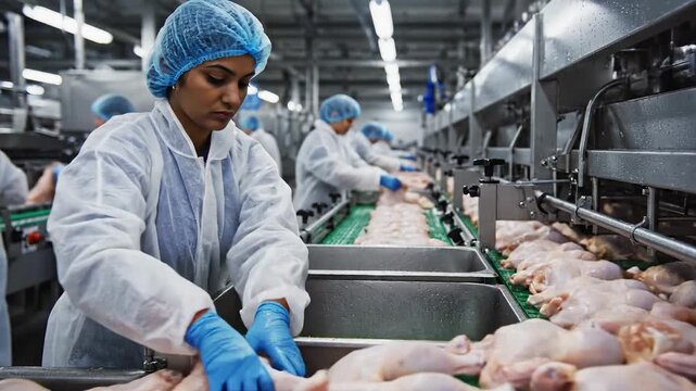 Female worker in sterile uniform processing raw chickens on a conveyor belt in a food factory