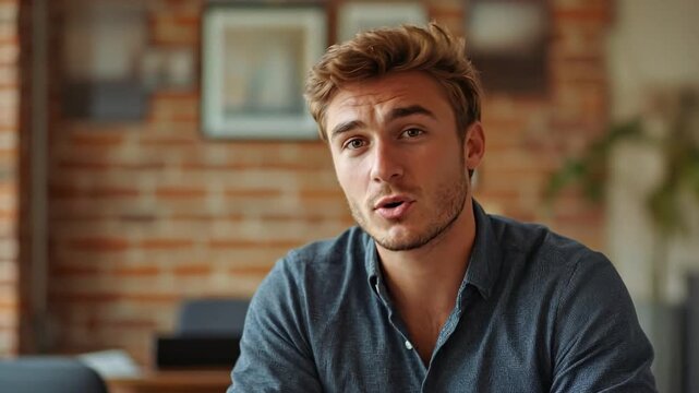 Engaging young man discussing ideas in a cozy setting