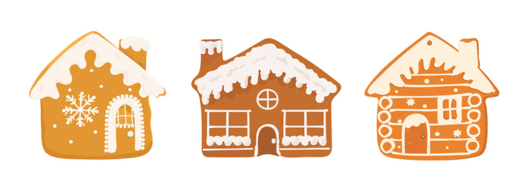 Set of cartoon Christmas Gingerbread cookies. Cute vector hand drawn illustration of holiday icons - ginger bread house isolated on white background.