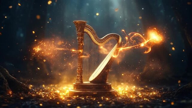 Enchanted golden harp illuminated in a mystical forest