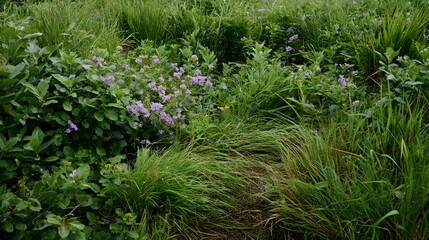 Obraz premium Lush Green Meadow with Delicate Purple Wildflowers in Bloom.