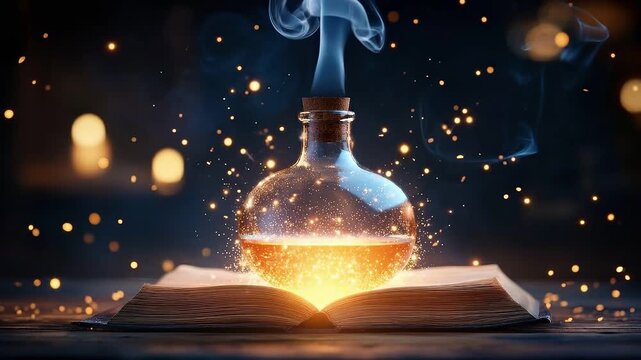 A potion mixing with magical sparks in the air