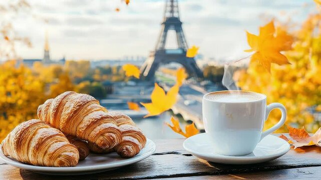 Parisian Breakfast Croissants and Coffee with Eiffel Tower View, Autumn Ambiance