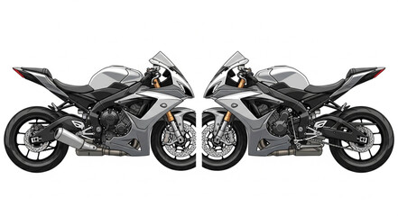 Obraz premium Two Sport Motorcycles Mirrored on White Background.