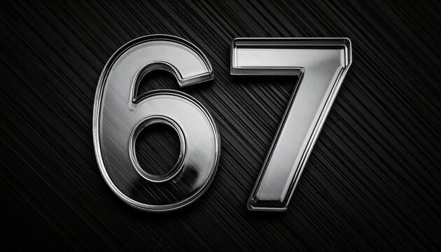 Number 67 in solid glass, black surface, bold highlights, and fine diagonal line pattern.