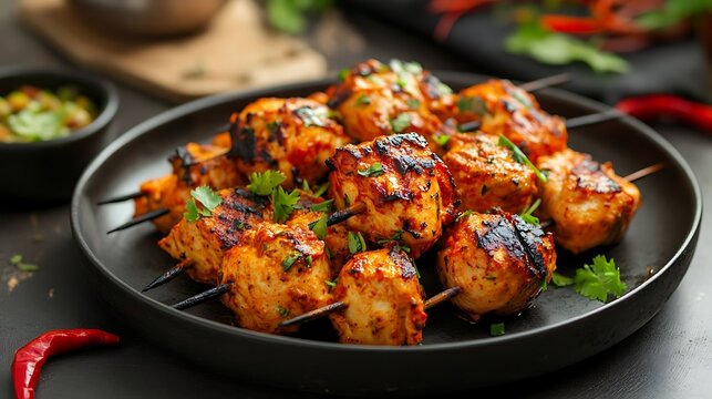 Skewered Spicy Grilled Chicken Bites with Cilantro and Chili tandoori tikka photo