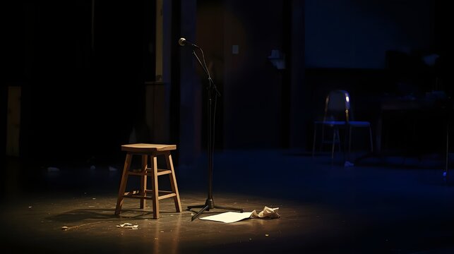 Intimate Poetry Slam Stage with Solitary Microphone and Crumpled Paper on Floor