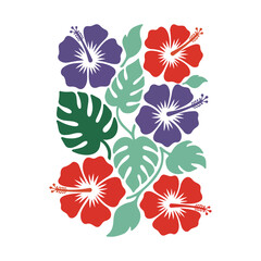 Tropical Hibiscus Flowers and Monstera Leaves Floral Illustration