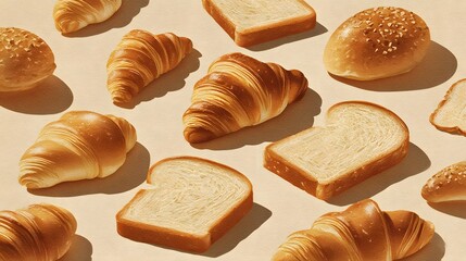 Assortment of Freshly Baked Croissants and Sliced Bread on a Light Background.