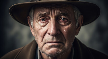 Fototapeta premium Close-up portrait of an elderly man with tears streaming down his face, wearing a hat and coat.