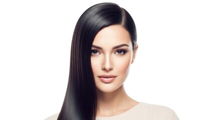 Naklejka premium A woman with long, straight, black hair, wearing a white top, standing against a white background.