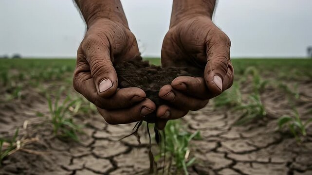 Droughts Impact - Farmers Hands Holding Dying Plant in Cracked Earth.